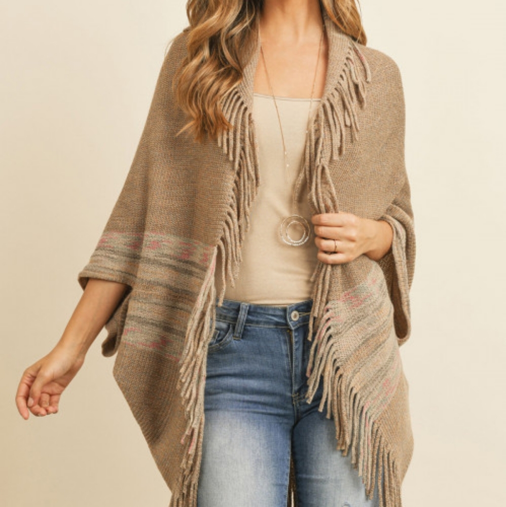 Riah Fashions Khaki Fringe Stripe Kimono